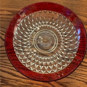 Indiana Glass Ruby Band Crystal Diamond Serving Bowl 13.5"